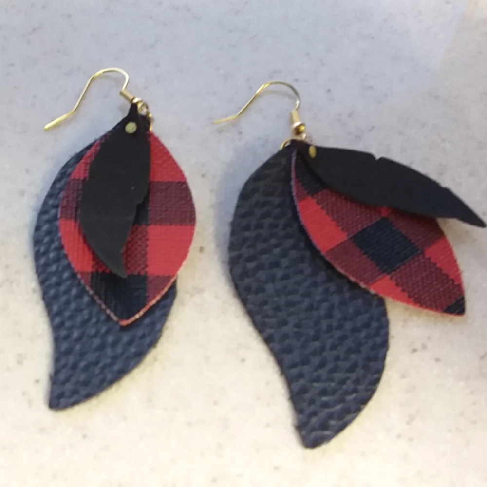 Earrings, layered, faux leather, buffalo plaid